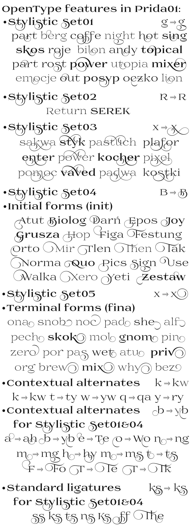 OpenType Features in font Prida01