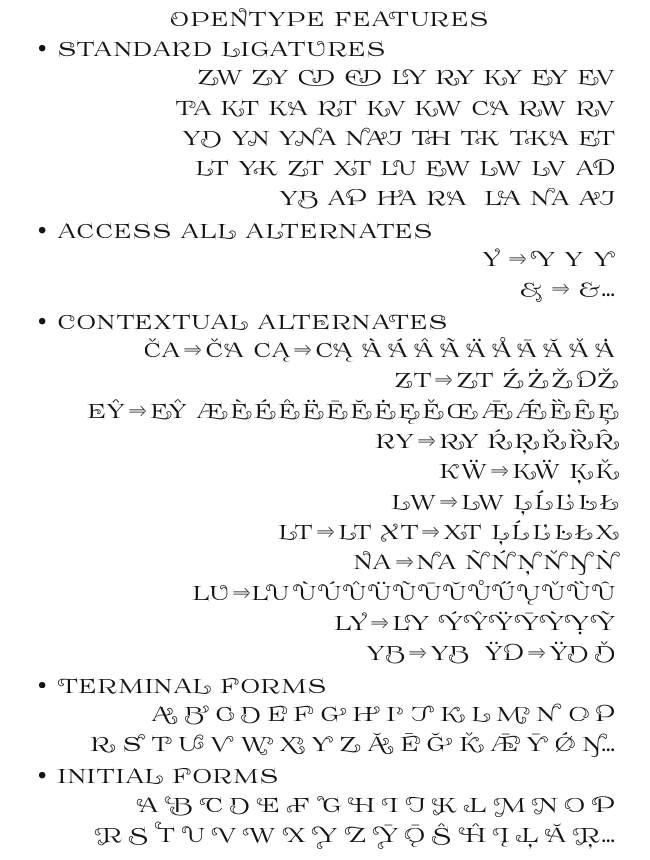 OpenType Features in font Prida61