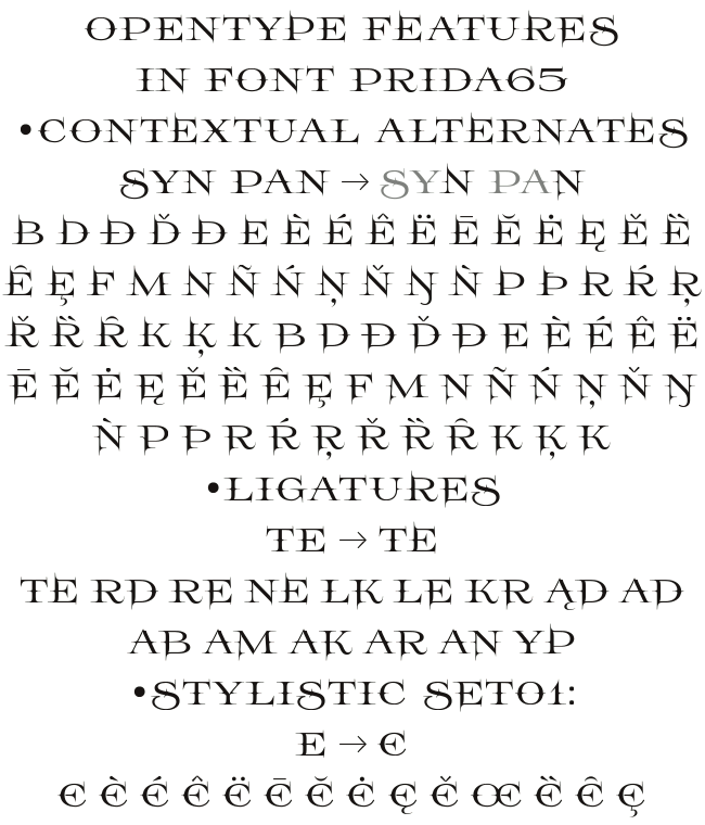 OpenType Features in font Prida65